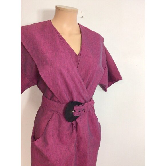 Vintage 80s Office Siren Dress Matching Belt Shoulder Pads Womens 10 - Picture 5 of 8